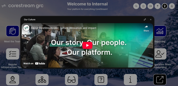 CoreStream GRC 'Our Story' video pop-up on home page.
