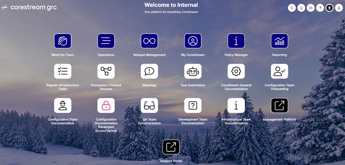 CoreStream GRC home page design. Including Meet the Team, Operations, Release Management, My CoreStream and more.